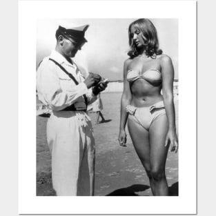 A policeman issues a ticket to a woman for wearing a bikini, 1957 Posters and Art
